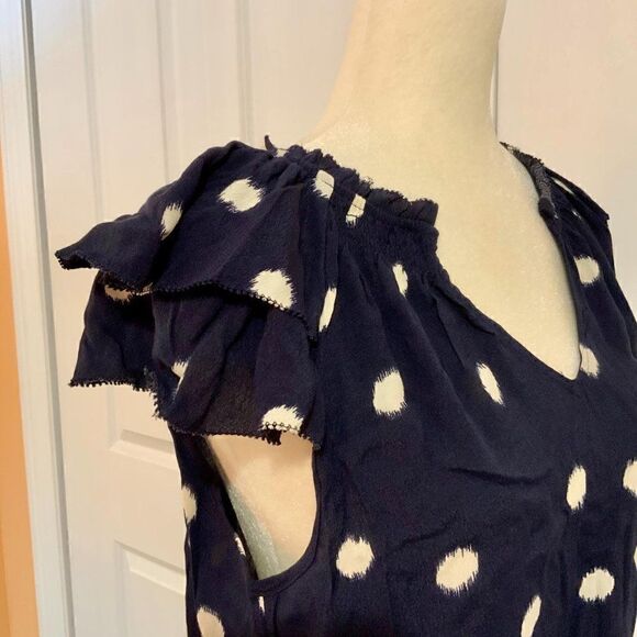 A New Day Navy Blue Circle Print Flutter Short Sleeve Rayon V Neck Top Small New - Picture 5 of 9